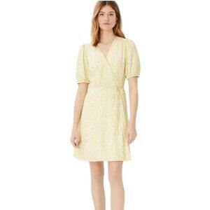 Ann Taylor Buttery Yellow Floral Short Puff Sleeve Wrap Dress